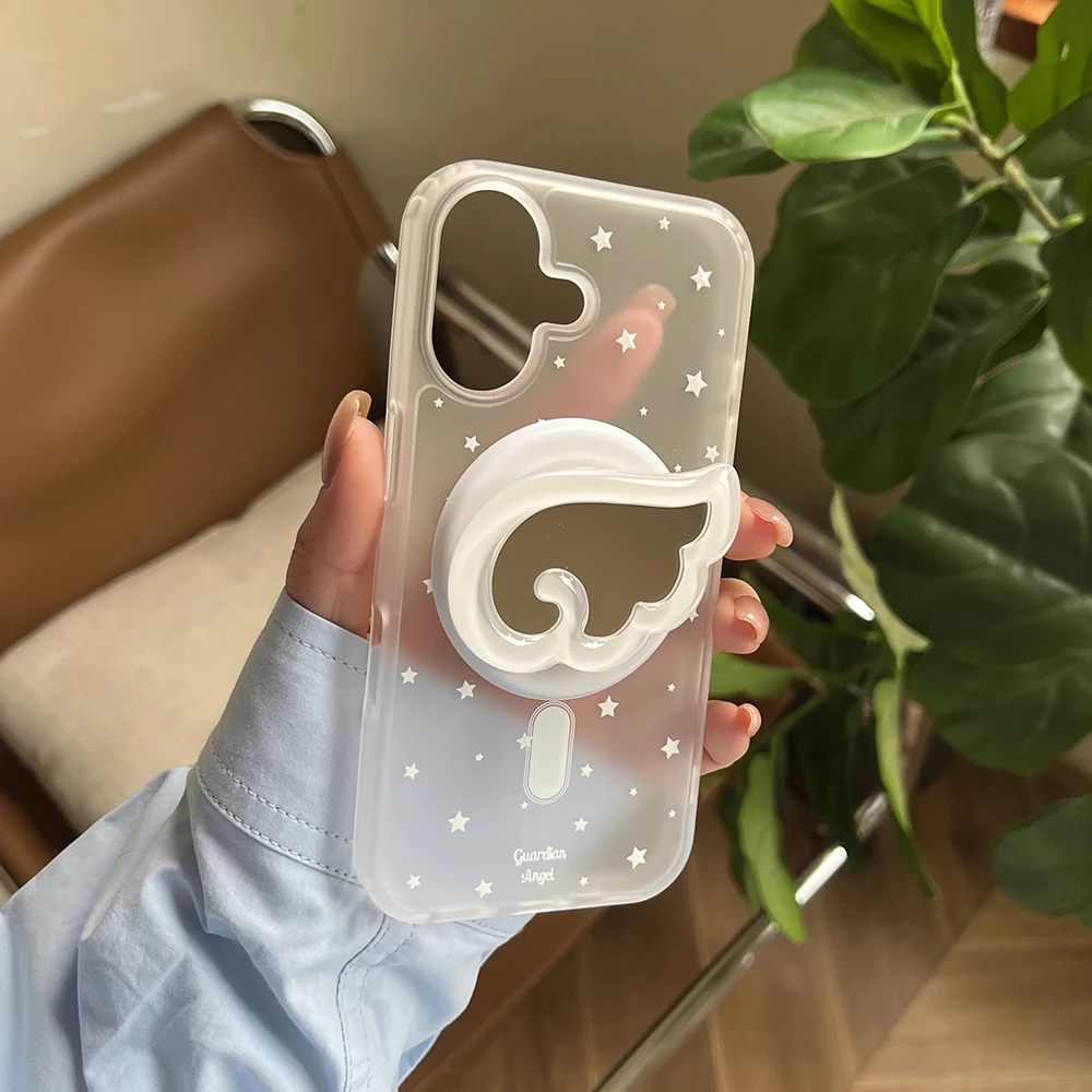 Bonitas alas de Ángel soporte magnético Tok fundas de teléfono para iPhone 16 15 14 13 Pro Max encantador espejo suave para Magsafe contraportada - imagen 4