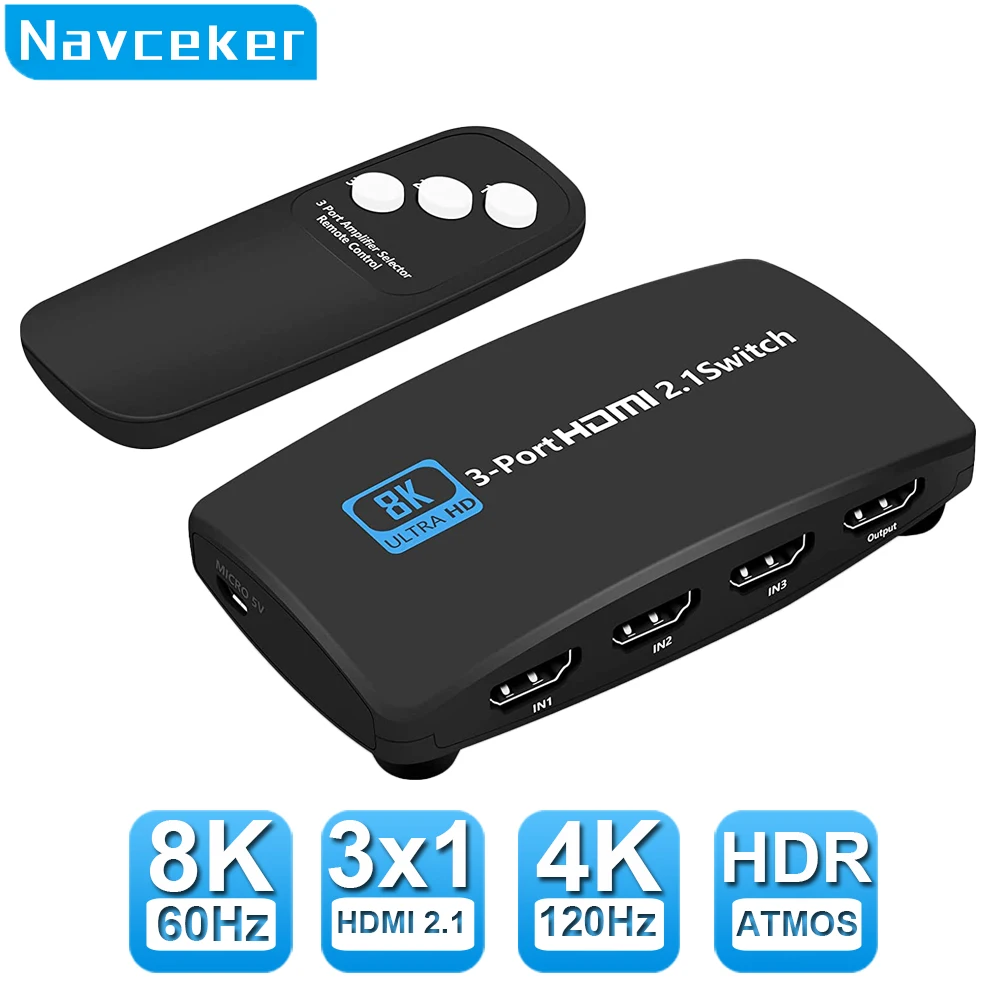 Navceker-Divisor HDMI 8K, 60Hz, 4K, 120Hz, 3 en 1, para TV, Xiaomi, Xbox, serie, PS5, Cable HDMI, Monitor, proyector, HDMI 2,1