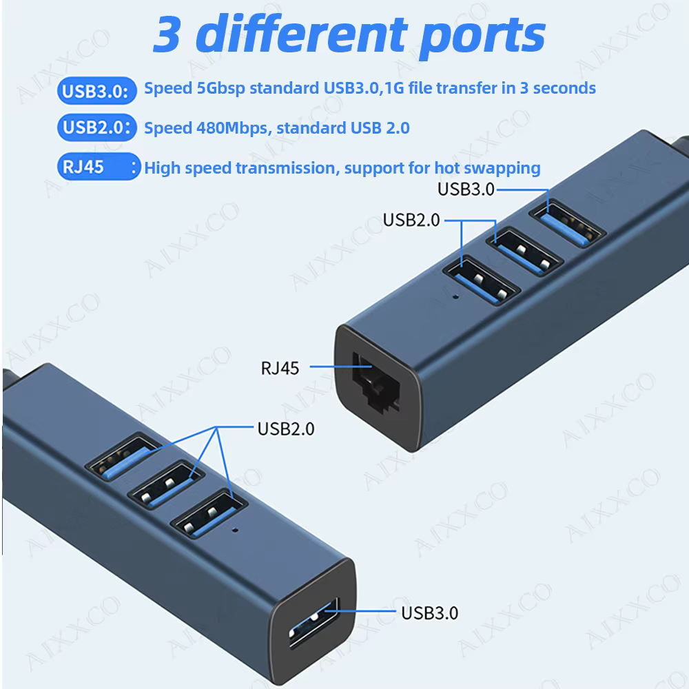 Hub USB 3.0 de aluminio con RJ45 – Extensor y divisor de puertos - imagen 2