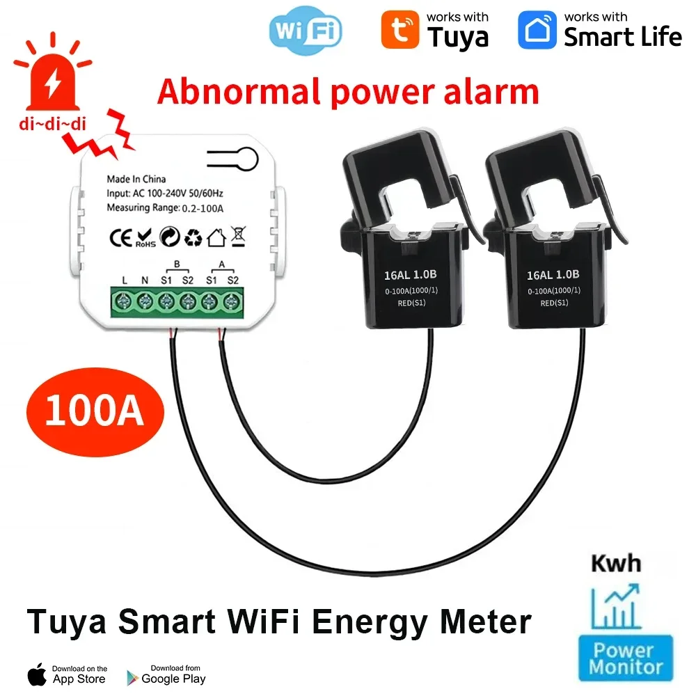 Medidor de energía inteligente Tuya con Wifi, Sistema Solar PV, consumo de producción de energía, monitoreo bidireccional, Control por aplicación, 100A