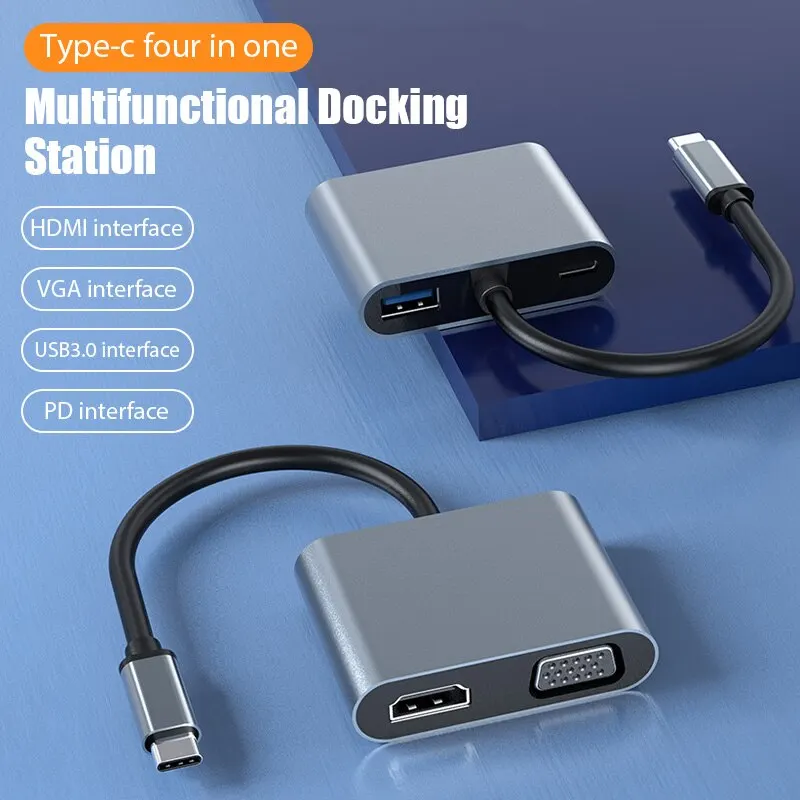 Concentrador de red USB tipo C 3,0, Adaptador 4 en 1 a 4K, HDMI, HDTV, VGA, USB 3,0, PD, divisor de carga rápida para MacBook, Notebook, ordenador portátil - imagen 5