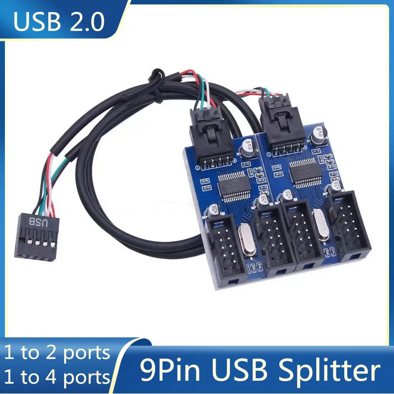 Divisor USB de 9 pines, placa base, interfaz hembra USB, divisor de cabezal, adaptador de Cable de extensión de 1 a 2, conectores HUB USB de 9 pines y 1 a 4