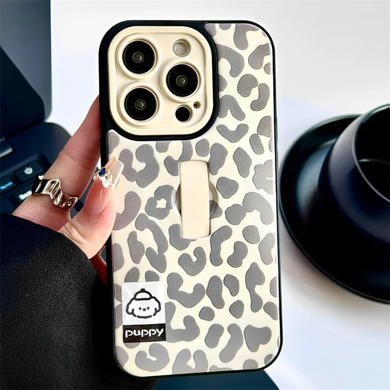 Lindo cachorro perro elegante estampado de leopardo anillo soporte funda para iPhone 17 16 15 14 13 12 11 Pro Max cubierta de teléfono TPU brillante - imagen 3