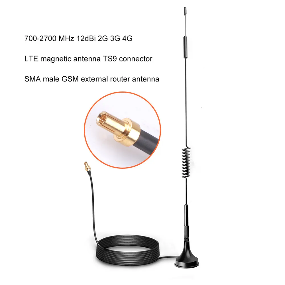 Antena de alta ganancia 12dBi 2G 3G 4G TS9 CRC9 conector macho SMA 700-2700MHz GSM enrutador externo LTE amplificador de señal de antena magnética - imagen 2