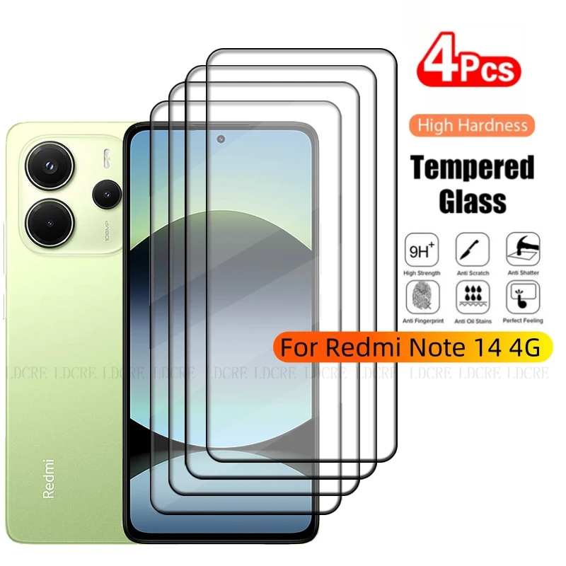 4 Uds para Redmi Note 14 4G vidrio Redmi Note 14 4G vidrio templado pegamento de cubierta completa 9H HD para Protector de pantalla Xiaomi Redmi Note 14
