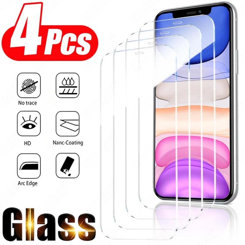 4 Uds protectores de pantalla de alta definición cubierta completa para iPhone 11 12 13 14 15 16 Pro Max 14 15 16 Plus película de vidrio templado