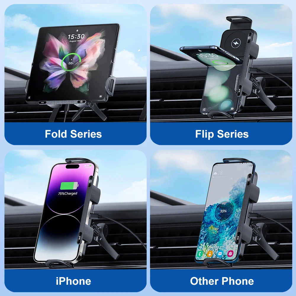 Cargador de coche inalámbrico para Samsung Galaxy Z Fold Flip 6 5 4 3 pantalla plegable de doble bobina soporte de teléfono para coche cargador inalámbrico con abrazadera automática - imagen 3