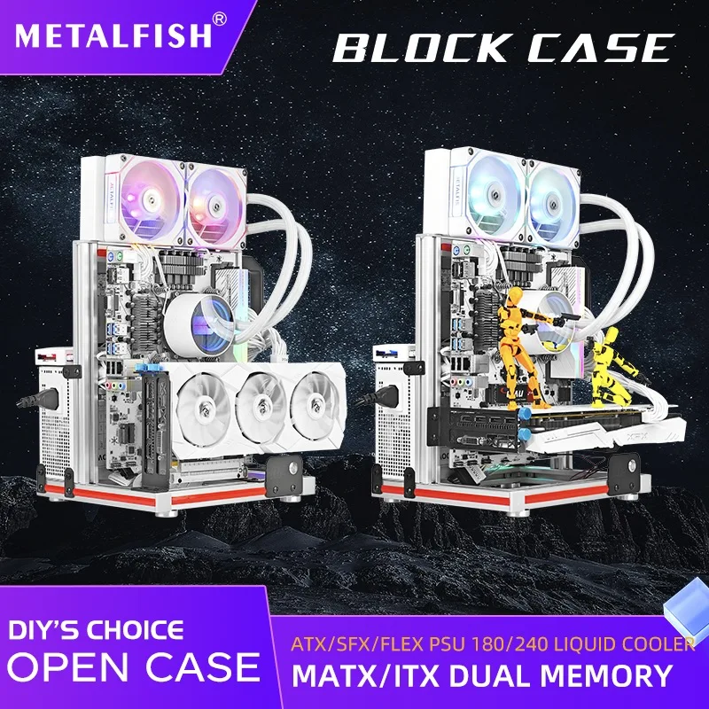 METALFISH BlockCase-funda de marco abierto de aluminio, soporte para placa base M-ATX/ITX, montaje en GPU horizontalmente, Enfriador de líquidos 240, gabinete para juegos