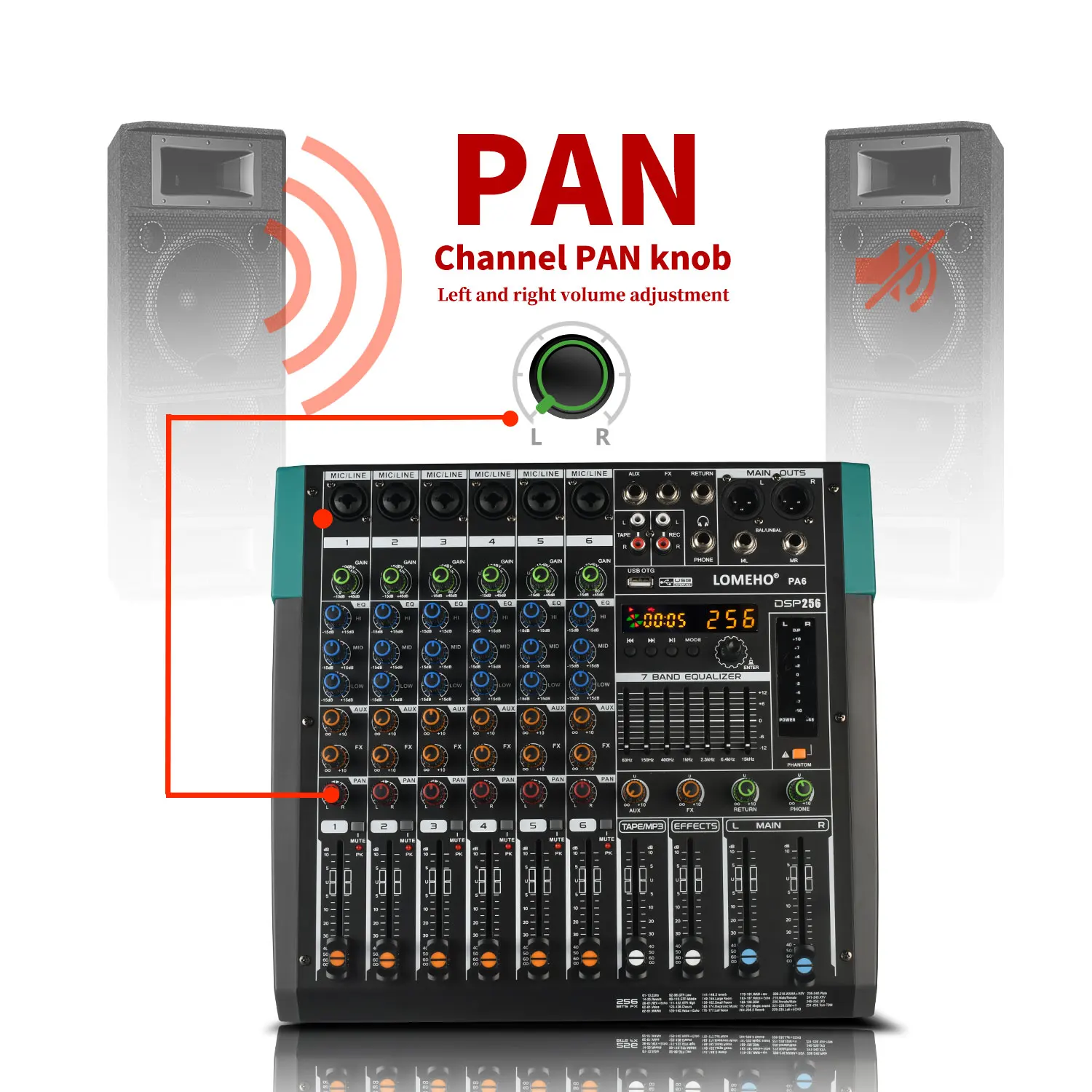 LOMEHO-consola mezcladora de 6 canales, Bluetooth, 256 efectos digitales, mezclador de Audio, mesa de sonido de 48V, USB, PC, grabación, controlador de DJ PA6 - imagen 5