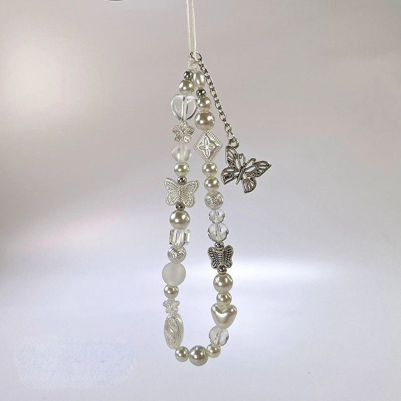 Lindo llavero de cuentas de mariposa plateada en el encanto del teléfono lindo cordón correa de teléfono móvil colgante para mujer accesorios móviles - imagen 3