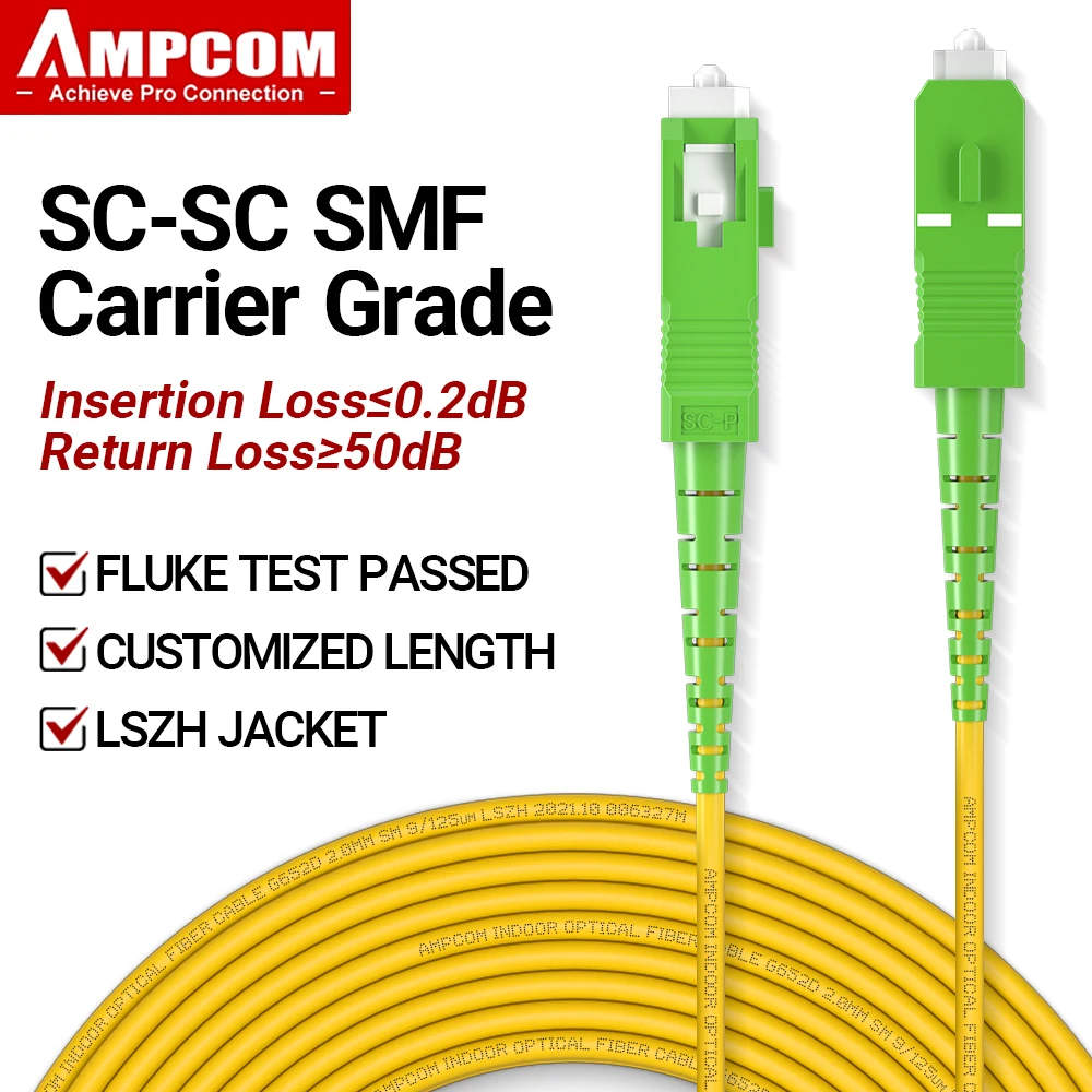 AMPCOM SC a SC APC Fibra óptica, cable de fibra simple monomodo SMF 9/125μm Cable de fibra óptica insensible de 2,0 mm con curva monomodo