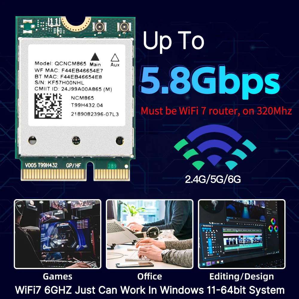 Fenvi Wifi 7 QCNCM865 M.2 Tarjeta de red Bluetooth 5,3 hasta 5,8 Gbps Mejor que Wifi 6E Wlan Adaptador inalámbrico solo para Win 11Wu - imagen 3