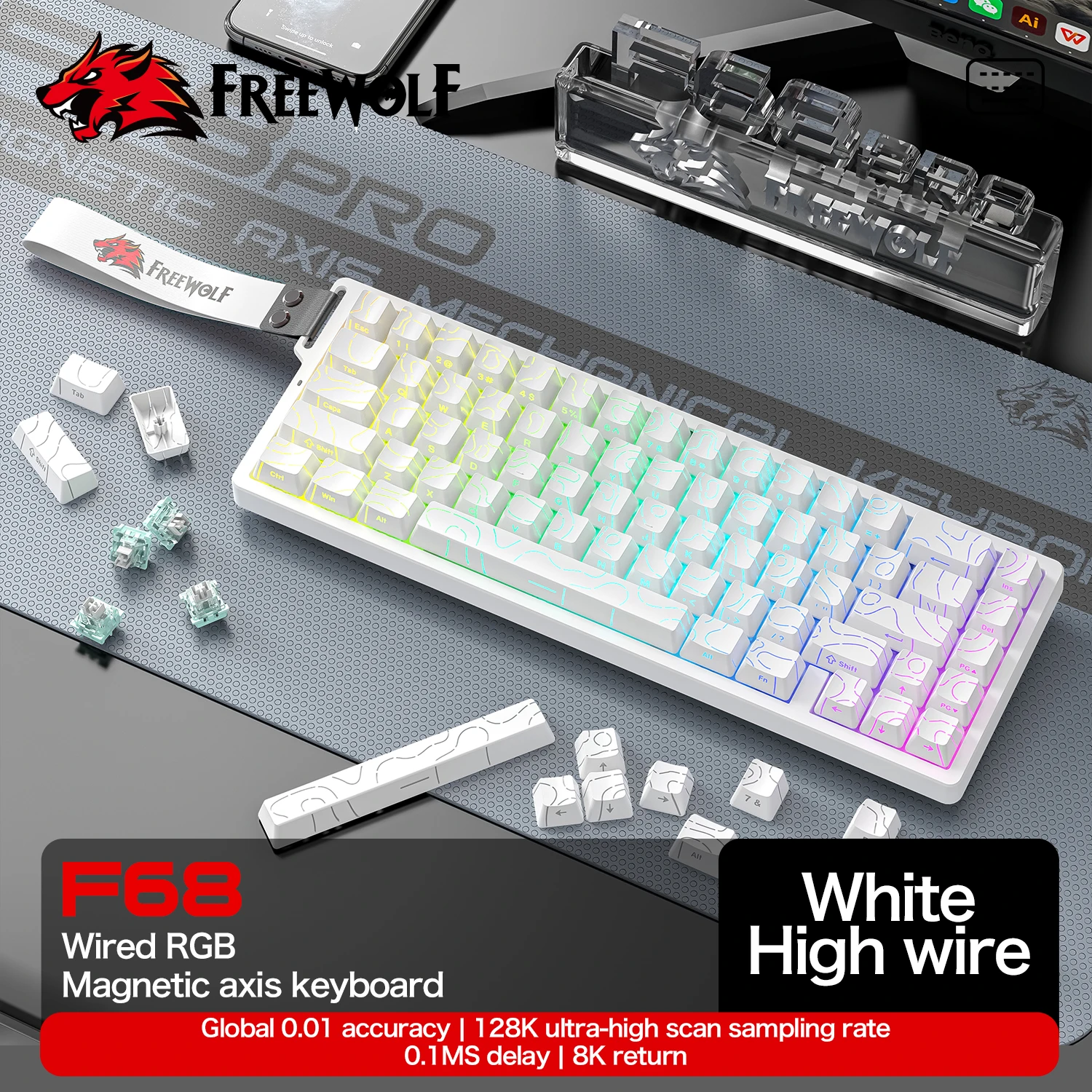 FREEWOLF-Teclado magnético para jugar F68 F68PRO, mecánico con cable para juegos profesionales, disparo rápido de 0,01mm, 8000Hz, SOCD/RS, 0,1 ms, velocidad de 128K - imagen 2