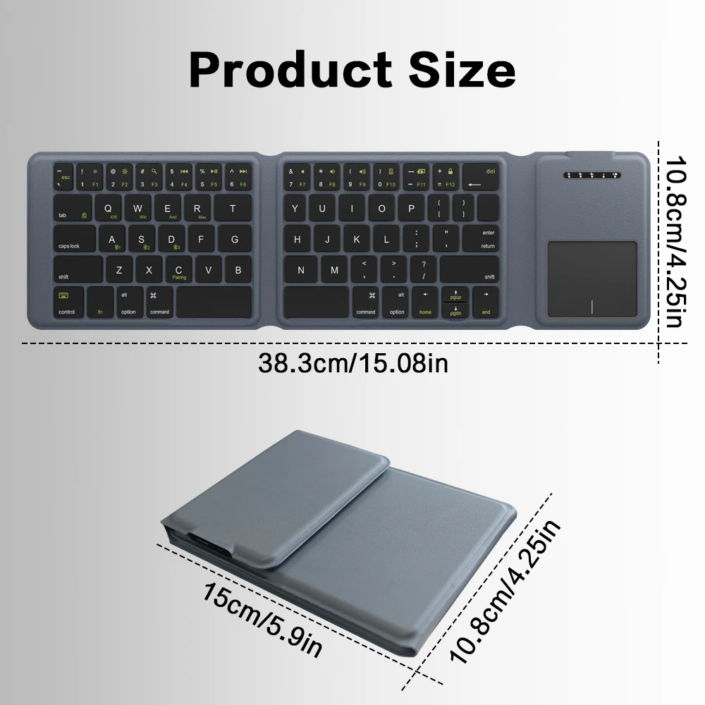 Jomaa Teclado Bluetooth Tri plegable Funda de cuero Teclado inalámbrico plegable recargable con botón táctil derecho izquierdo - imagen 3