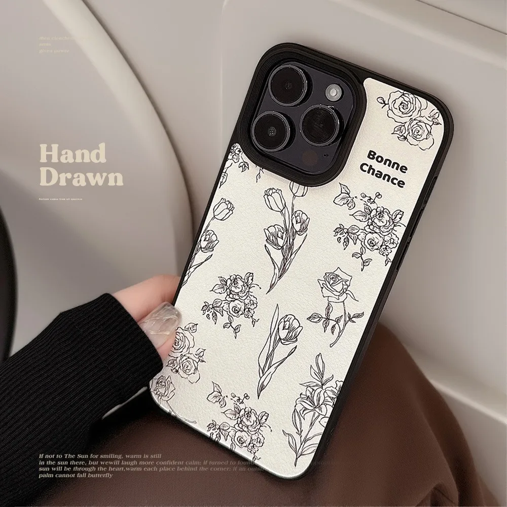 Ins Camelia rosa patrón textura de cuero chapado borde plateado funda de teléfono para iPhone17 16 15 14 13 12 Pro Max cubierta anticaída - imagen 5