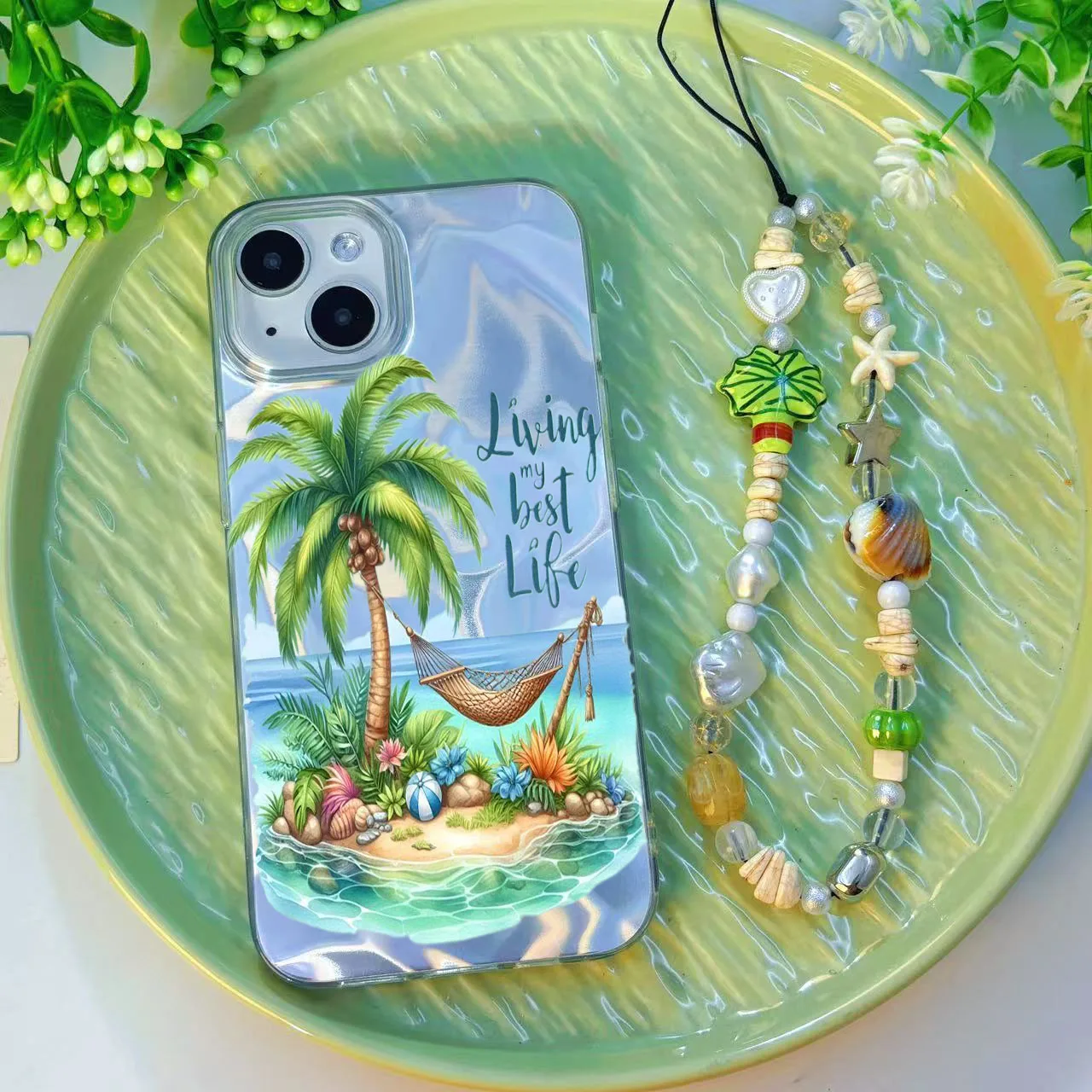 Funda con cadena de amor de árbol de coco hamaca para Samsung Galaxy A56 A54 A55 A34 S25 S24 Ultra S23 S22 Plus S21 S20 FE A34 A26 A16 A15