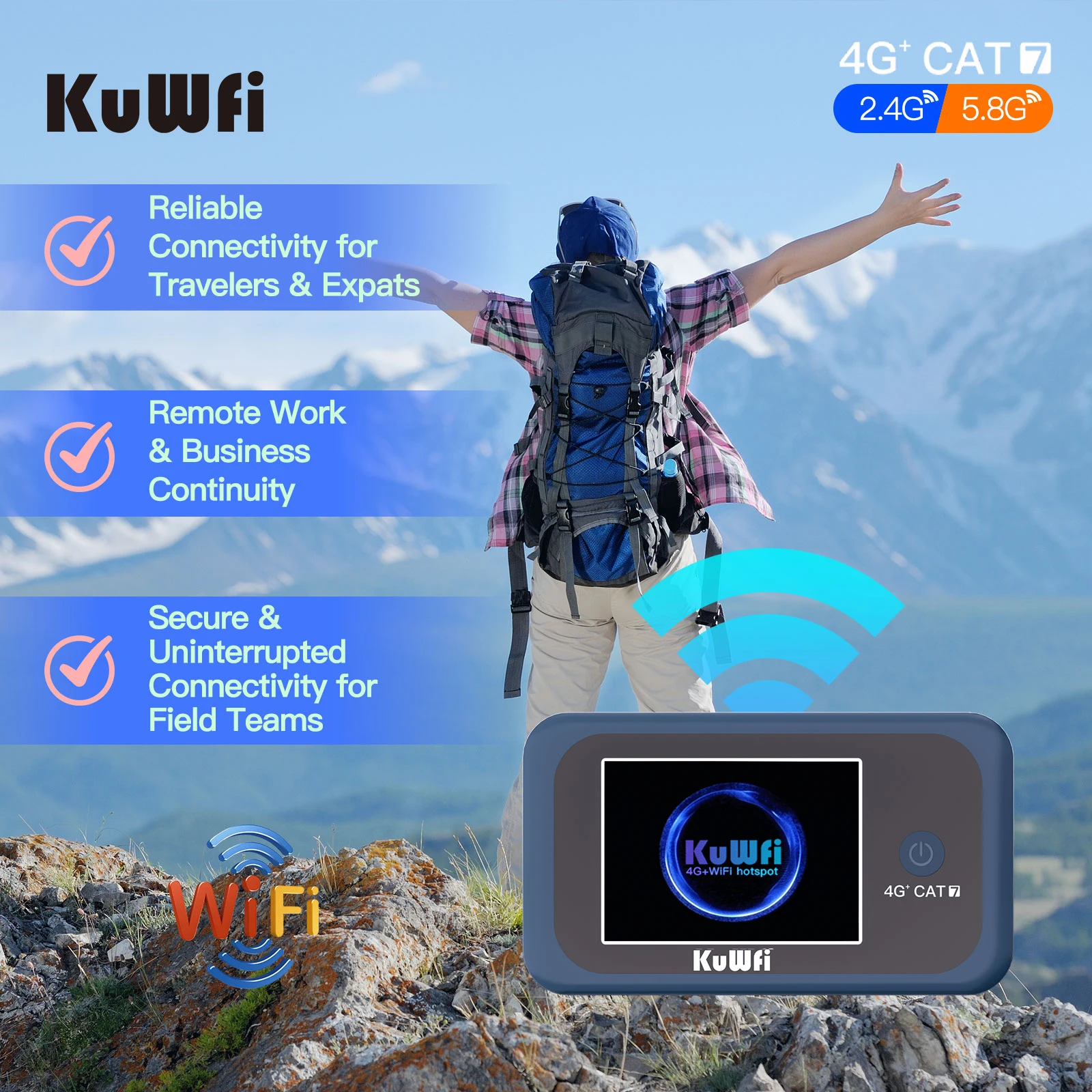 KuWFi CAT7 4G + LTE Router 1200Mbps 2,4G 5G WiFi único portátil viaje 4G módem móvil batería de 3000mAh 10 usuarios con ranura USIM - imagen 3