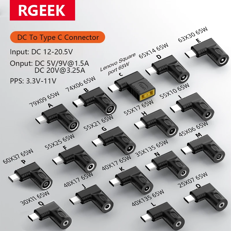 RGEEK 65W DC USB tipo C hembra a DC adaptador macho para Lenovo Thinkpad USB-C Cable de carga rápida convertidor enchufe cuadrado PD