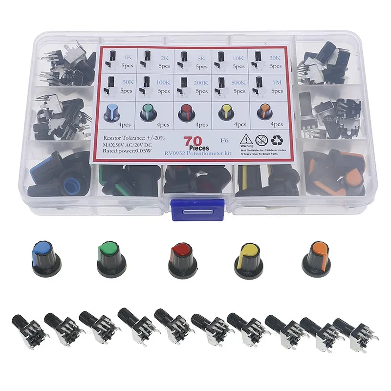 70 Uds 10 valores 3 pines con perillas B1K-B1M RV09 Kit surtido de potenciómetro giratorio de sello ajustable Vertical - imagen 2