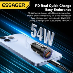 Essager Cargador Coche 54W USB-C Carga Rápida QC PD SCP Xiaomi Samsung iPhone