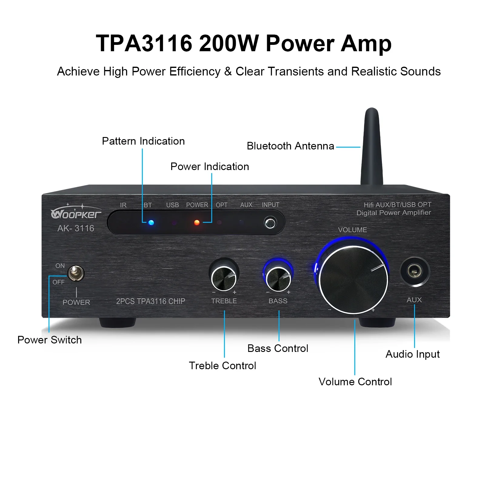 Woopker amplificador de sonido TPA3116 D2 100W Mini amplificador estéreo HiFi Clase D amplificador de Audio Bluetooth Woofer Tweeter Home Theater - imagen 3