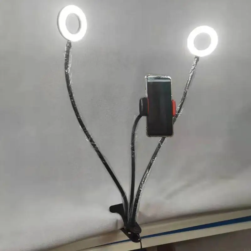 462e abrazaderas dobles en anillos selfie luz con soporte teléfono y brazo flexible fácil usar - imagen 2