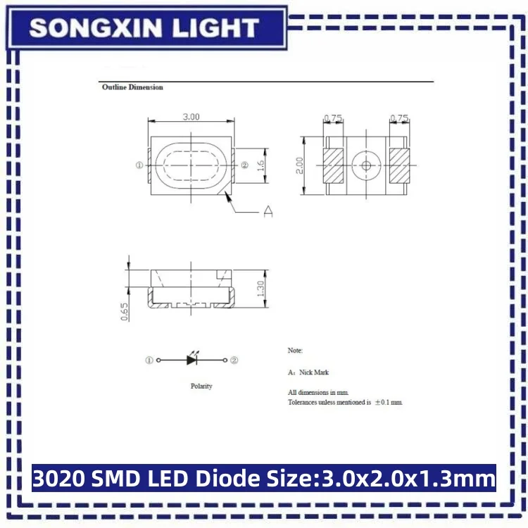 100 Uds 3020 SMD LED diodo emisor de luz smd rojo amarillo azul verde blanco cálido rosa naranja frío 3,0*2,0*1,3 MM súper brillante - imagen 3
