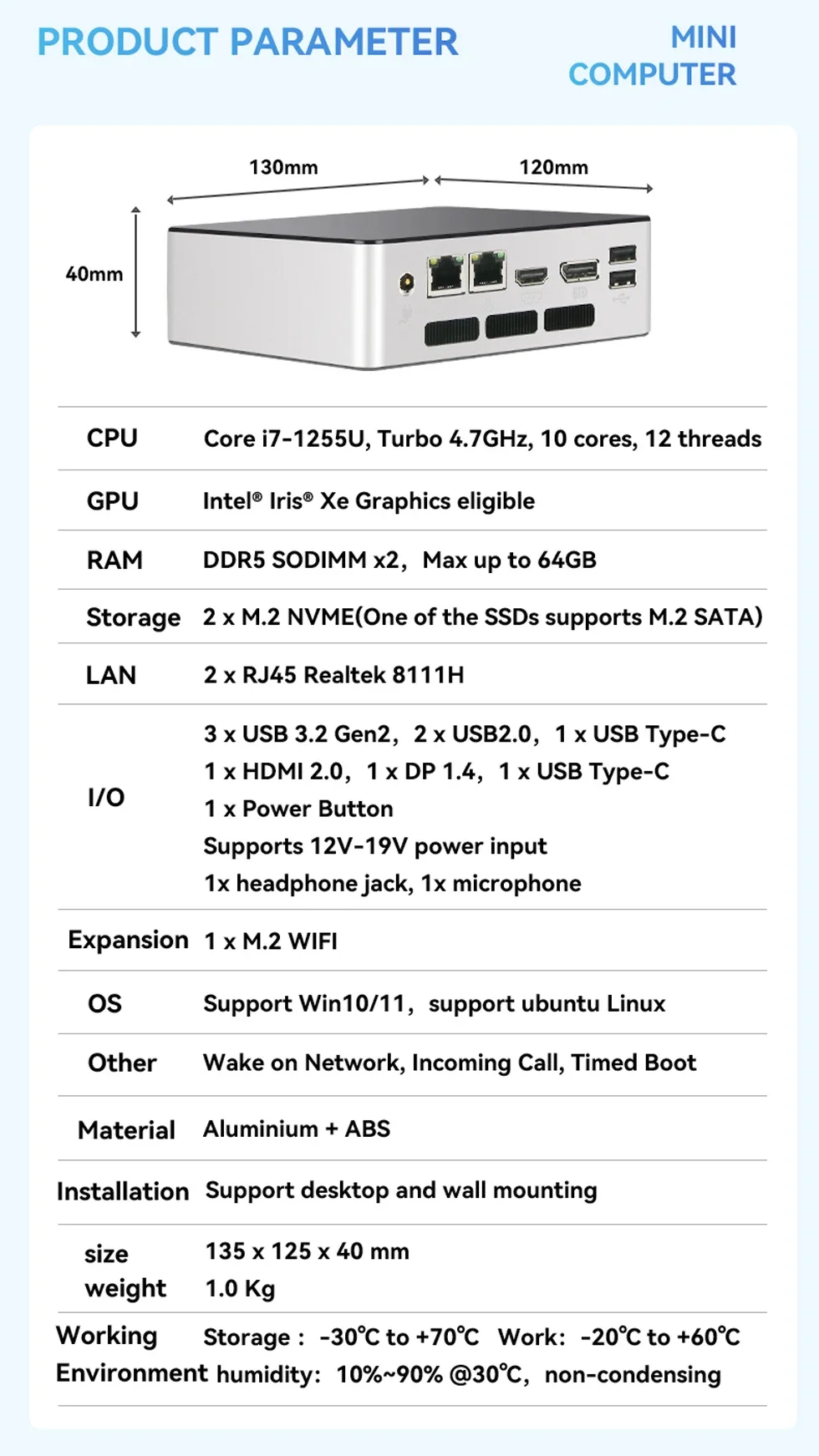 BEBEPC-MINI PC Intel Core i7-1255U Realtek 8111H, 2 x rj45 DDR5, 64 gramos, SODIMM x 2, M2, NVME, Windows 10/11, Linux - imagen 5