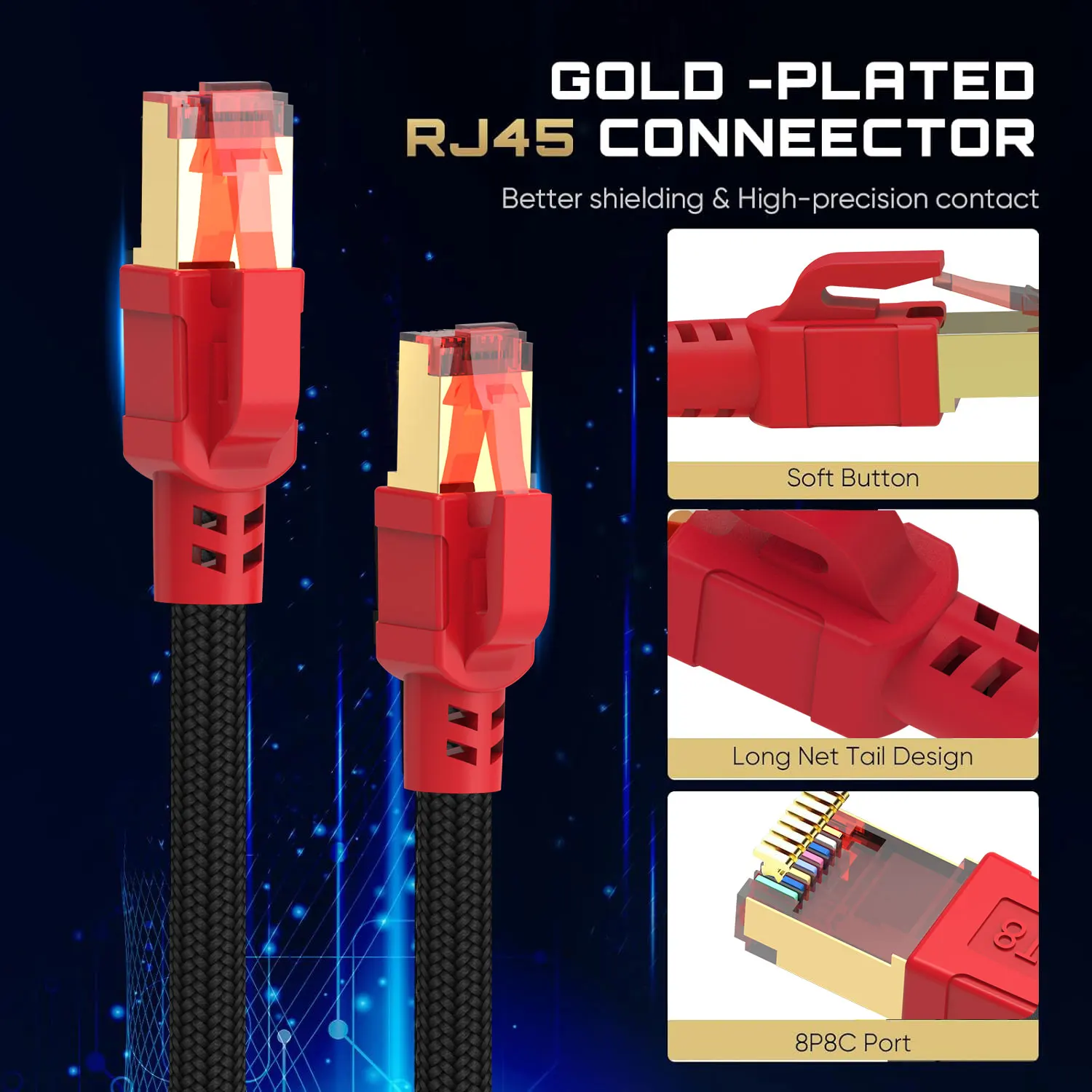 MIZIQIER-Cable Ethernet largo CAT 8, cable LAN SFTP RJ45 de nailon trenzado de 40Gbps para módem cat7 cat6, enrutador, PC para juegos PS4/5/6 Xbox - imagen 4