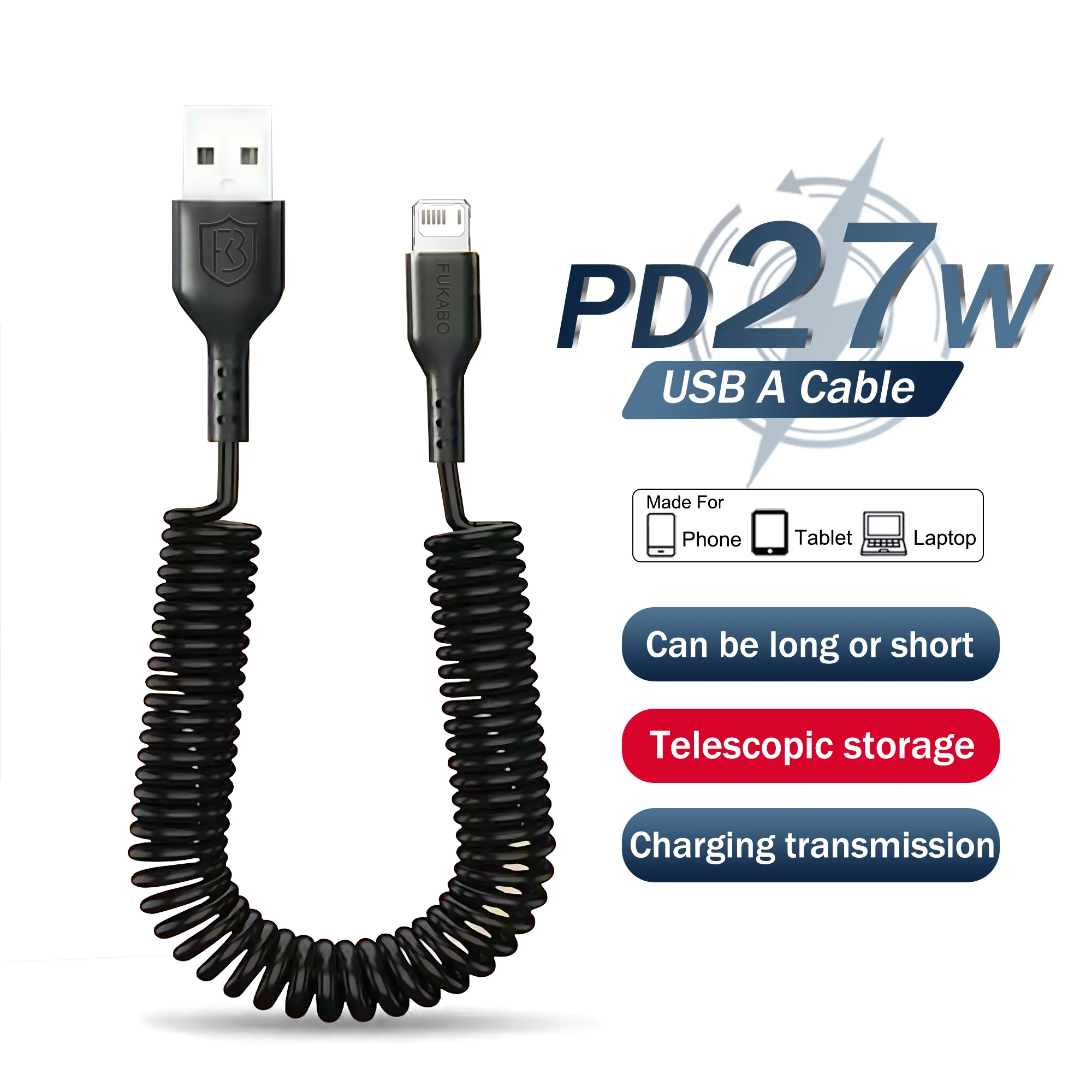 Cable de resorte elástico USB A Cable de carga para Apple iPhone 27W línea de datos 14 13 12 Pro XS Max Plus accesorio de teléfono de carga rápida