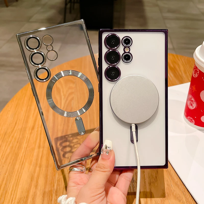 Para Magsafe chapado suave TPU transparente a prueba de golpes funda de teléfono para Samsung S25 Ultra S23 S21 S22 S24 Ultra Plus FE cubierta de parachoques - imagen 2