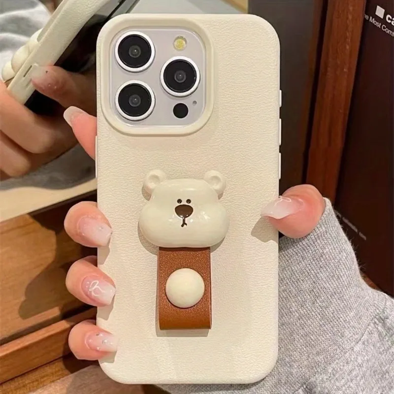 Funda de teléfono con textura de lichi y soporte para anillo de dedo de oso 3D bonito de Corea para iPhone 17 Pro Max 11 12 13 14 15 16 Plus 17 Air 16E - imagen 2