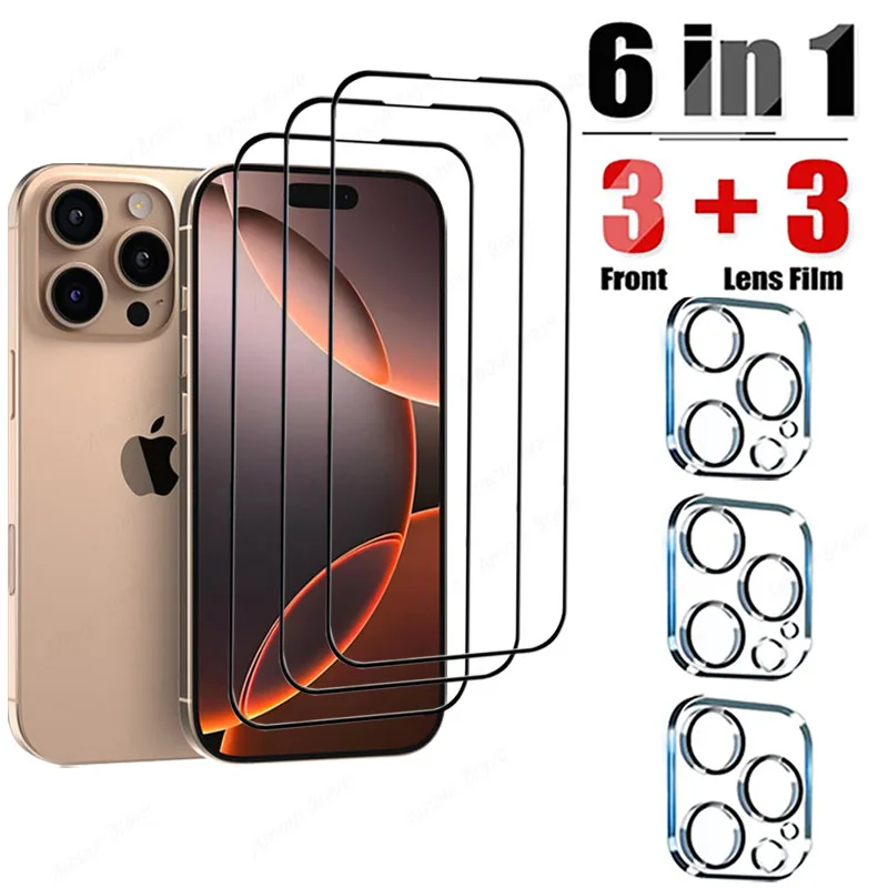 Vidrio templado 6 en 1 para iPhone 16, 15, 14, 11 Pro Max Plus, Protector de pantalla para iPhone 12 13 Mini X XS Max XR 7 8 Plus, cristal de lente