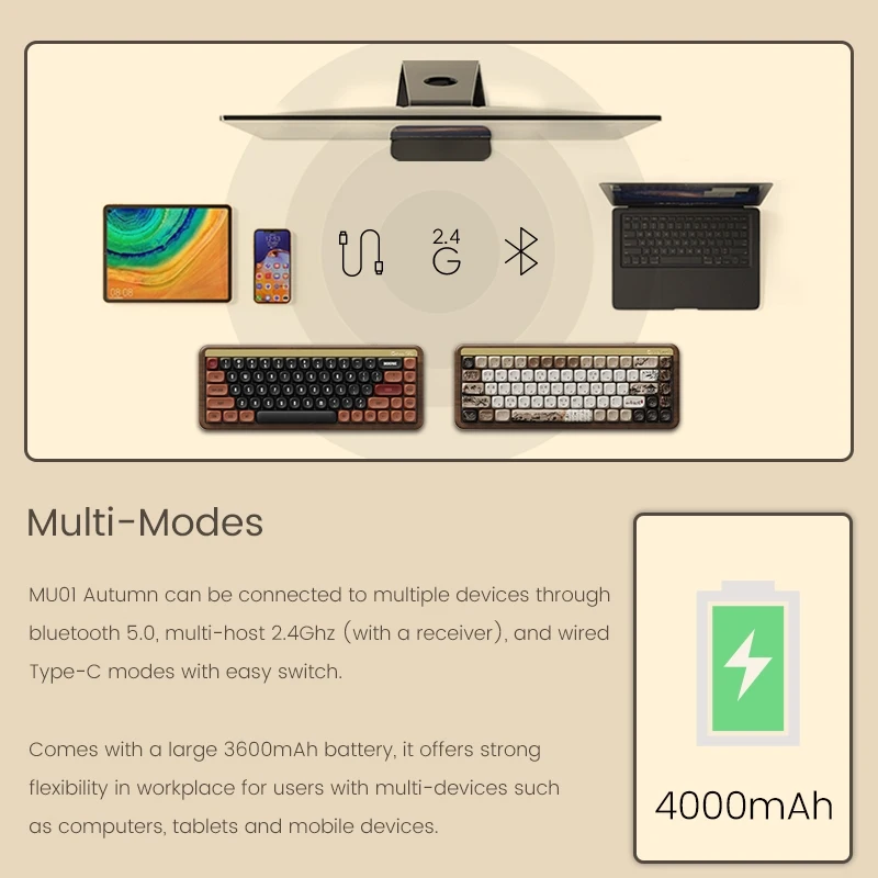Akko MU01 Mountain Seclusion Teclado mecánico de madera RGB intercambiable en caliente BT 5,0/2,4G teclado inalámbrico y tipo C para juegos por cable - imagen 4