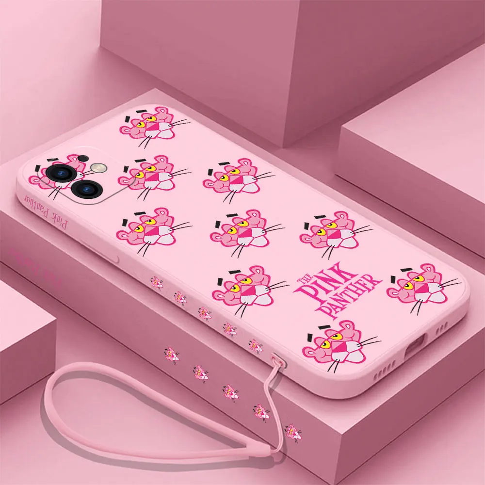 Funda de teléfono de dibujos animados para iPhone 16 15 14 13 12 11 Pro Max Mini X XR XSMAX 8 7 6S Plus silicona suave con correa de mano Pinks Panthers - imagen 2