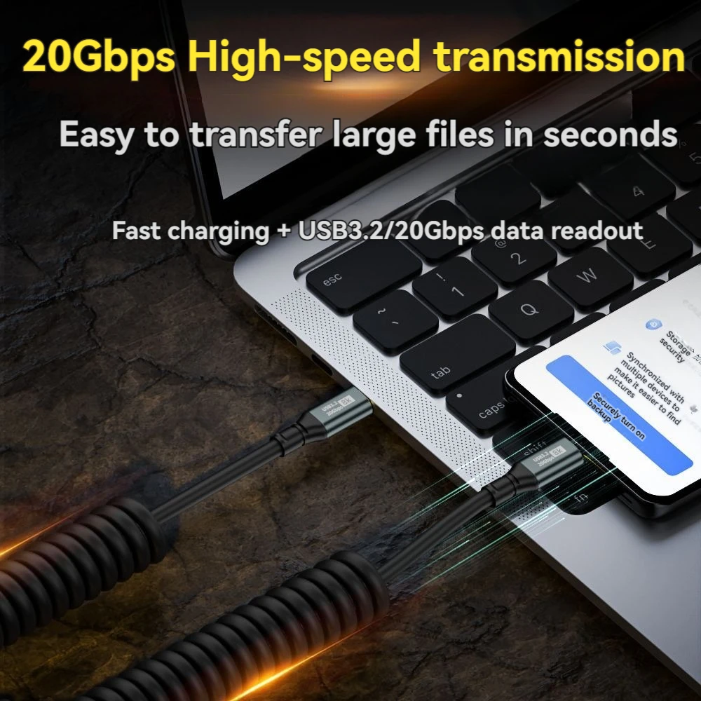 Cable en espiral tipo C a C para teléfono móvil de coche, Cable de carga rápida de 100W, compatible con transferencia de datos de 20Gbps, pantalla de 8K @ 60Hz, USB C - imagen 4
