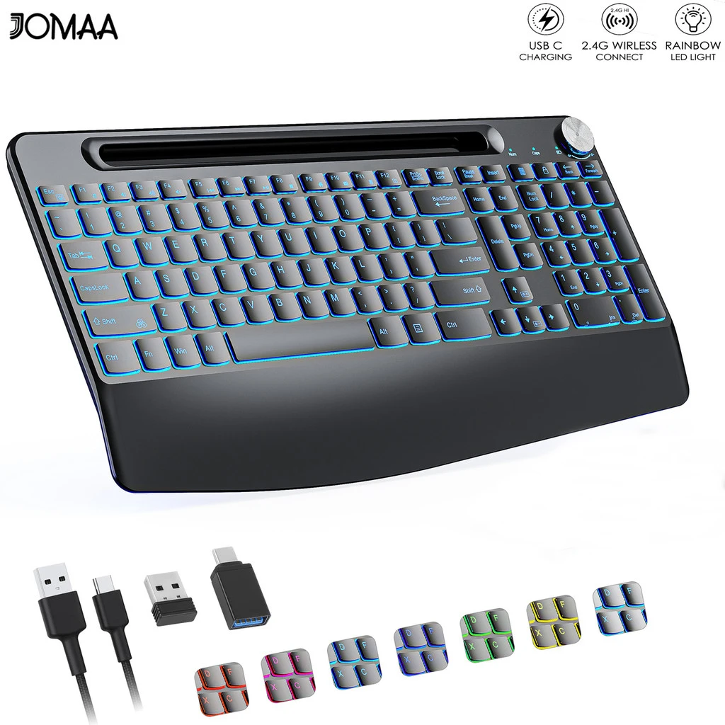 Teclado inalámbrico con 7 retroiluminadas de colores, reposamuñecas, soporte para teléfono, teclado ergonómico recargable de tamaño completo con teclas silenciosas