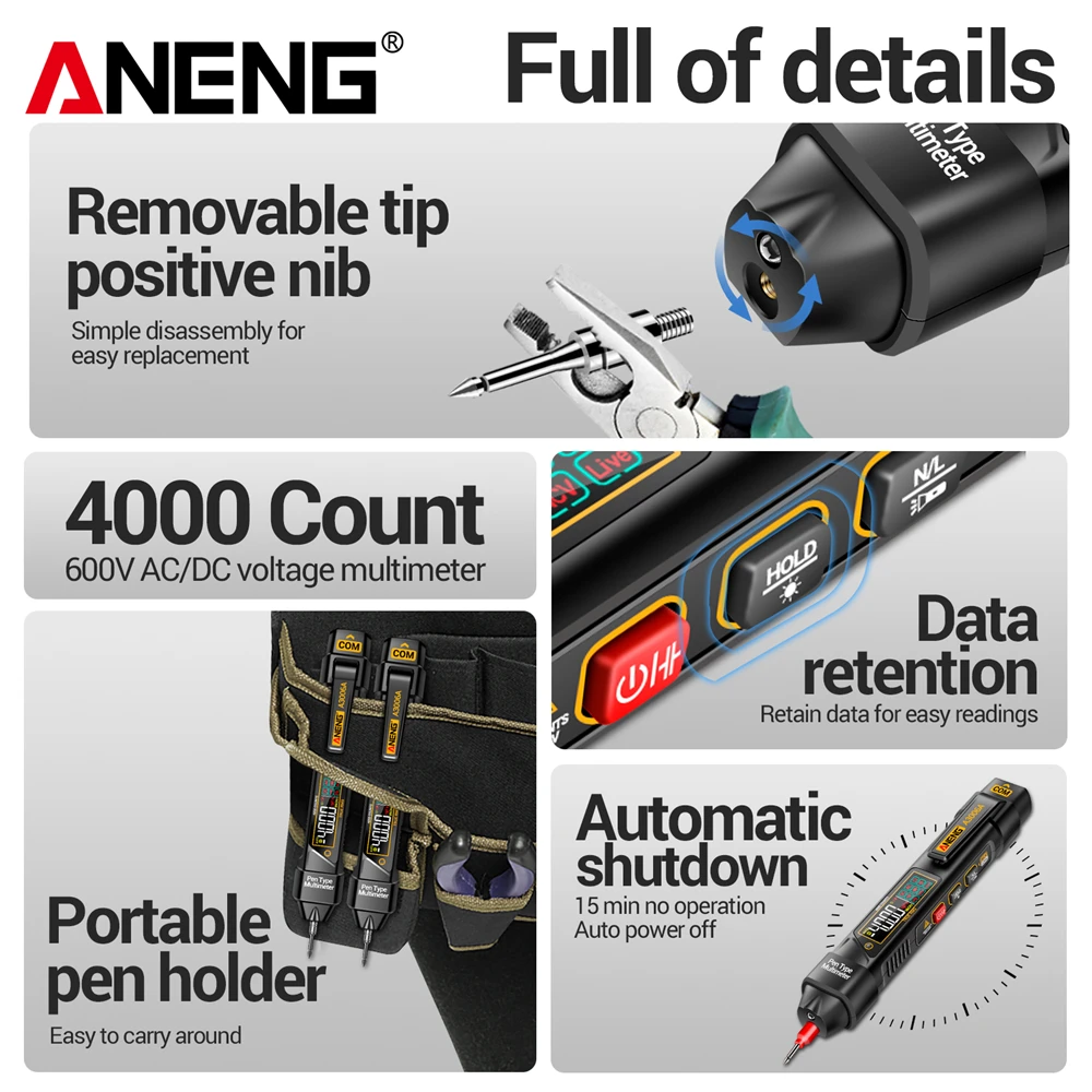 Multímetro Digital ANENG A3006A, Detector Portátil de Voltaje CA/CC, Detector de Electricidad Inductivo Sin Contacto, Probador de Diodos, Resistencia y Hz - imagen 4