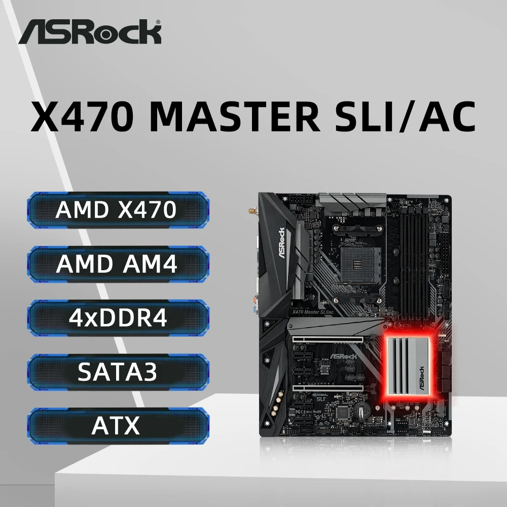 Placa base ASRock X470 MASTER SLI/AC compatible con 1600 2700X 1700X 5600X 5700X3D 5800X3D 5800X CPU 4xDDR4 M.2 AMD X470 ATX