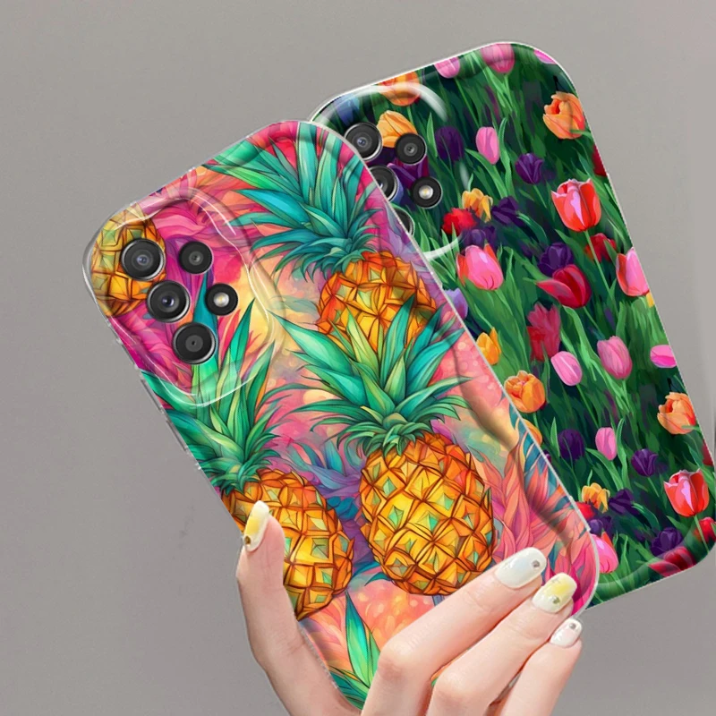 Arte de piña de flor de fruta para Samsung A55 A54 A53 A52 A35 A34 A33 A32 A25 A24 A23 A22 A21S A15 A13 A14 5G Wave Oil Back