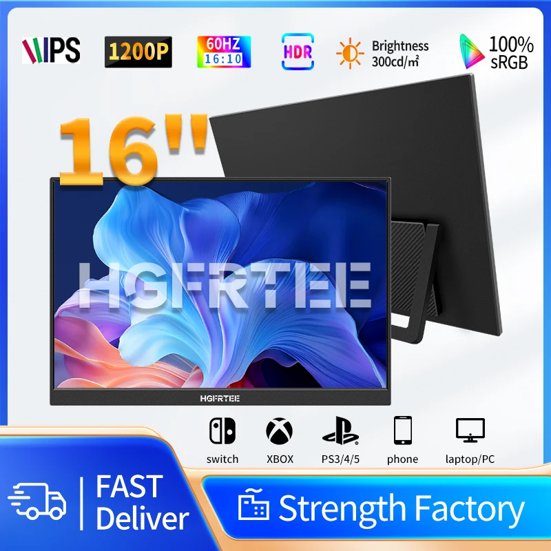 HGFRTEE Monitor portátil de 16 pulgadas 16:10 RGB100% 300cd/m2 IPS Segundo pantalla para MAC/portátil/PC/Xbox/PS5/Switch