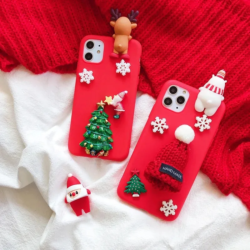 Guantes de tela 3D, sombrero, funda navideña de Papá Noel para iPhone 7, 8, 6, 6S Plus XS Max XR X SE 2020, muñeco de nieve, árbol, regalo, funda de teléfono con oso - imagen 2