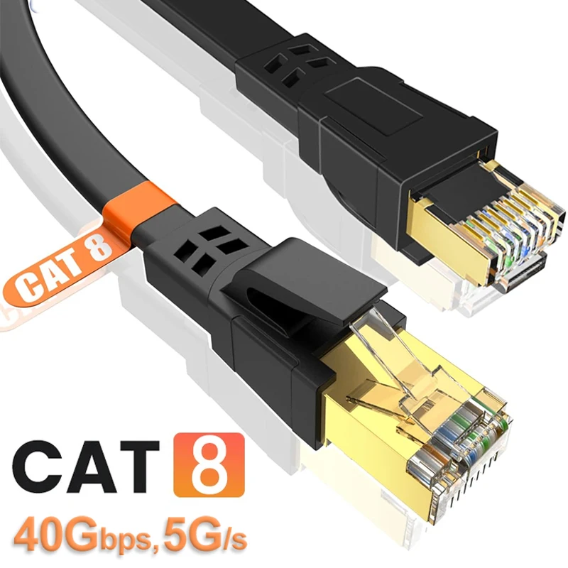 Cable Ethernet Cat8 Cable Lan plano de alta velocidad RJ45 40Gbps 2000Mhz para enrutador de red doméstico módem ordenador PC y portátiles 1M 2M
