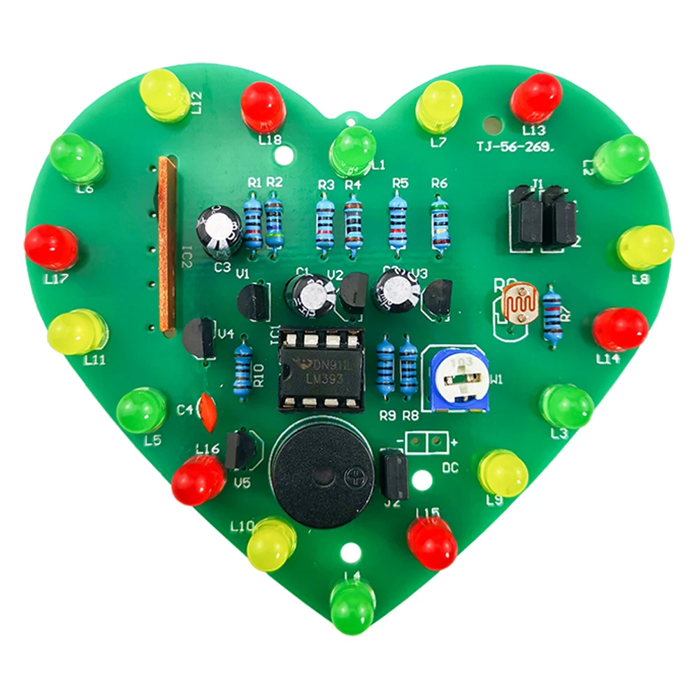 Kit electrónico LED de Color en forma de corazón con música controlada por luz DIY, Kit de práctica de soldadura PCB intermitente cíclico de 18 LED, DC4.5-5V