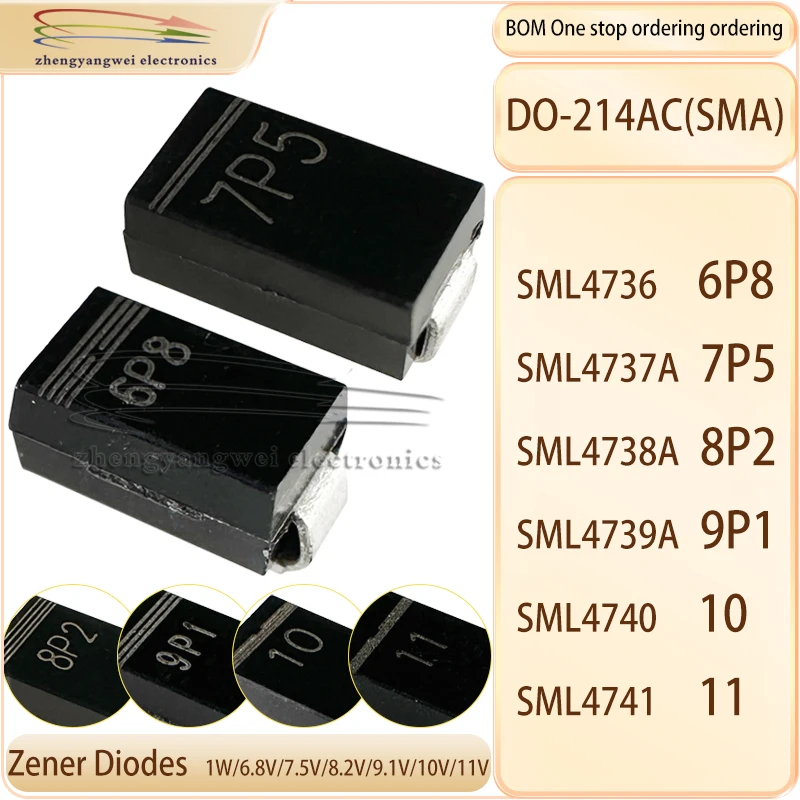 SML4736 6P8 1W/6,8V SML4737A 7P5 1W/7,5V SML4738A 8P2 1W/8,2V SML4739A 9P1 1W/9,1V SML4740 10 1W/10V SML4741 11 1W/11V Diodo Zener - imagen 2