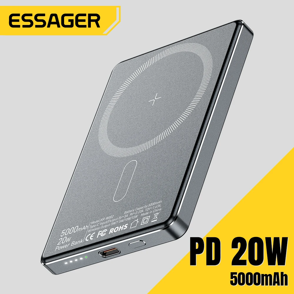 Essager-Banco de energía inalámbrico fino magnético, 20W, 5000mAh, batería externa portátil de carga rápida para Magsafe para iPhone 16 15 14 13 - imagen 2