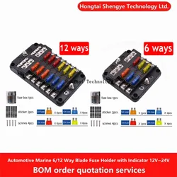 Soporte para caja de fusibles para barco y coche, portafusibles de cuchilla de 6 vías y 12 vías e indicador de advertencia, tableros de distribución de 12V-24V