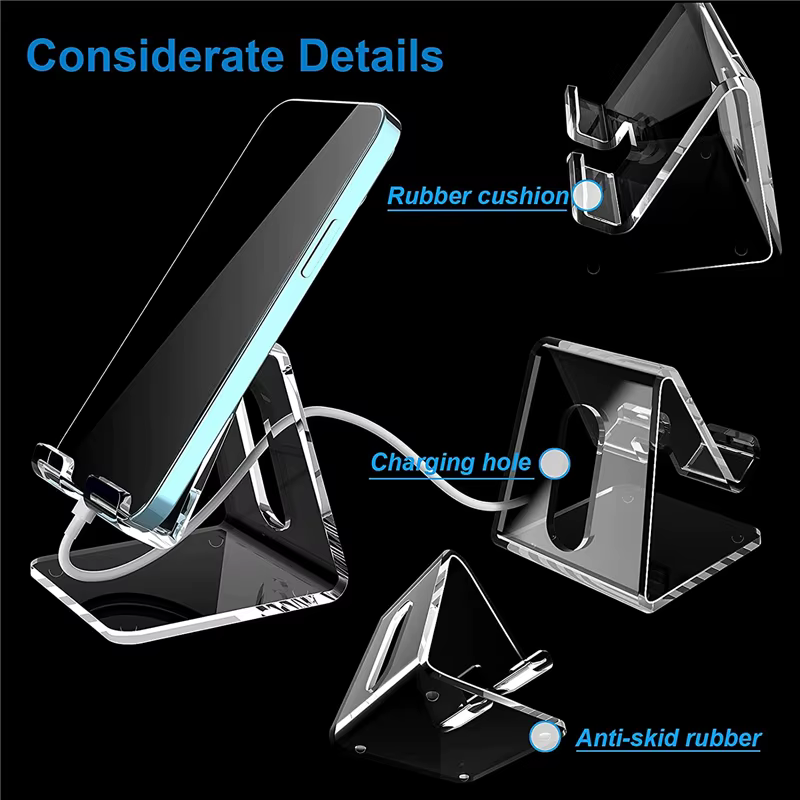 Base transparente con teléfono móvil colocado en posición vertical
