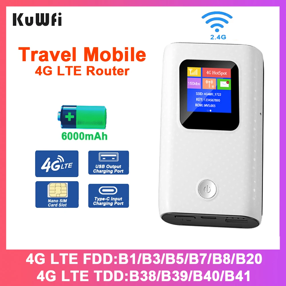 KuWFi CAT4 4G enrutador móvil 2,4G punto de acceso WiFi inalámbrico portátil de viaje Mini enrutador LTE ranura para tarjeta SIM batería integrada de 6000mAh - imagen 2