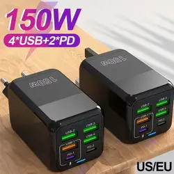 Cargador USB multipuerto de 150W, cargador de teléfono de carga rápida de 6 puertos, adaptador de pared para iPhone, Samsung, Xiaomi, enchufe UE/EE. UU./Reino Unido, cargador rápido